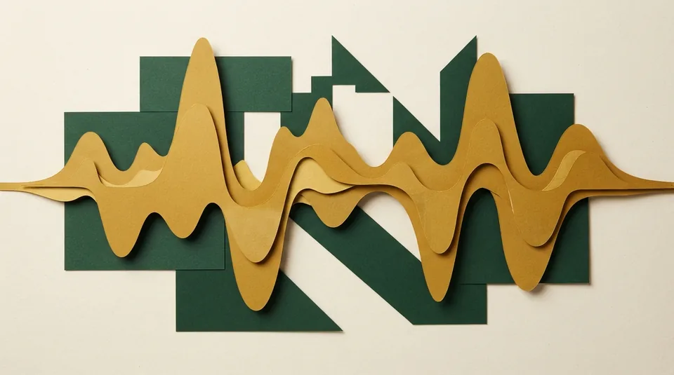 Abstract soundwave shape in ochre weaving across cream paper.