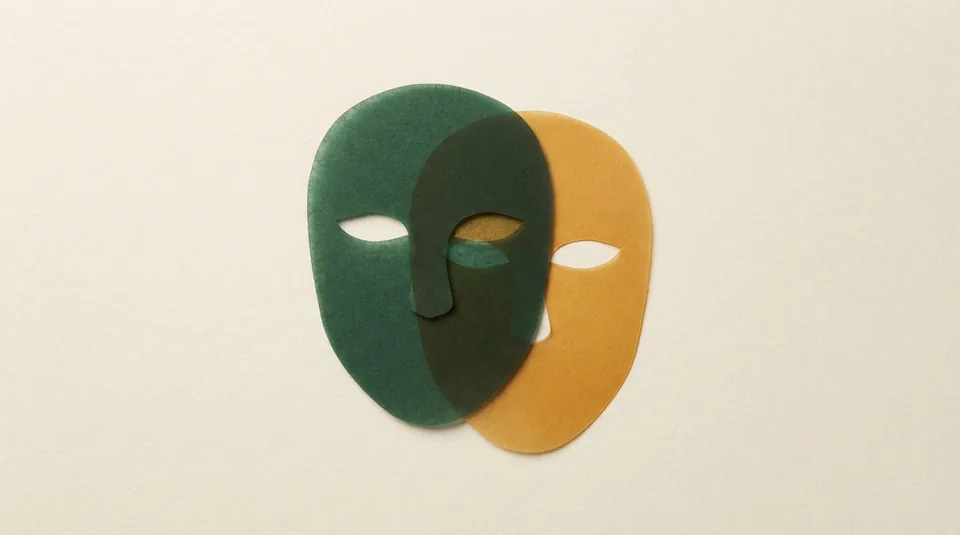 Two overlapping translucent paper masks slightly offset on cream.