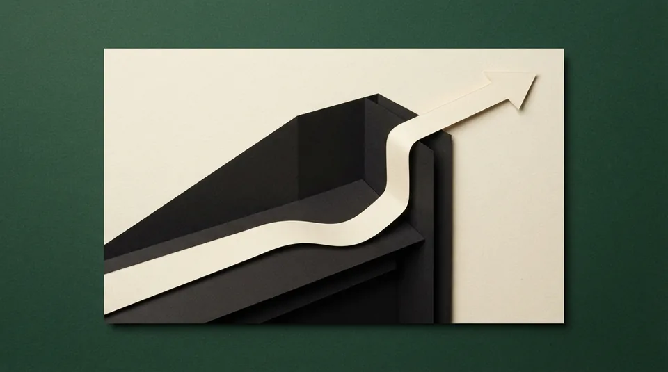 A paper arrow shape bending around a dark barrier.