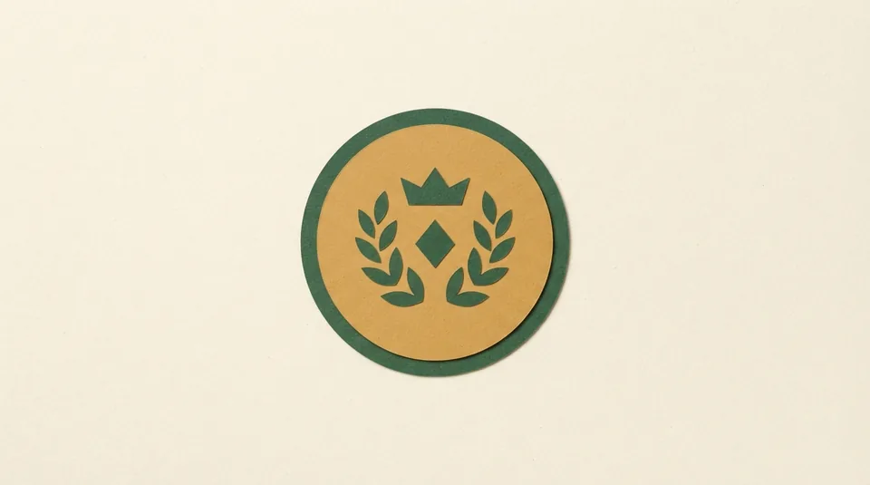 A circular medal-like shape in ochre on a cream field.